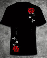 Men's Plus Size Street Fashion Black Rose Print Round Neck Short Sleeve T-Shirt